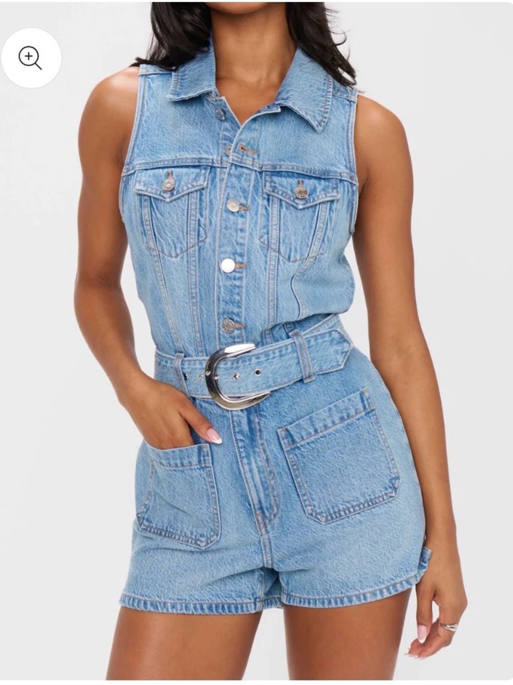 Show Me Your Mumu Sleeveless Denim Romper with Belt - Large NWT Blue